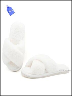 Faux Fur Fuzzy Open Toe Memory Foam Slippers Cross Band
